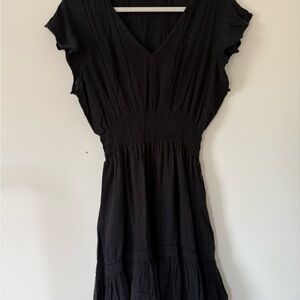 Rails LA Black Smocked Waist Mini Dress Flutter Sleeve Tiered Boho Dress Sz L